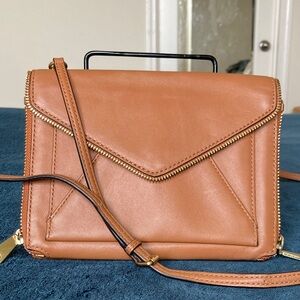 Rebecca Minkoff Leather Leo envelope clutch Crossbody Bag in caramel